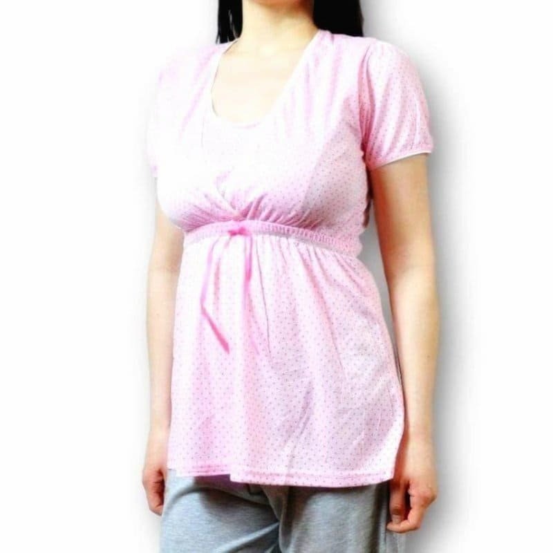Dyskretna Bawełniana Piżama Ciążowa do Karmienia - Różowa